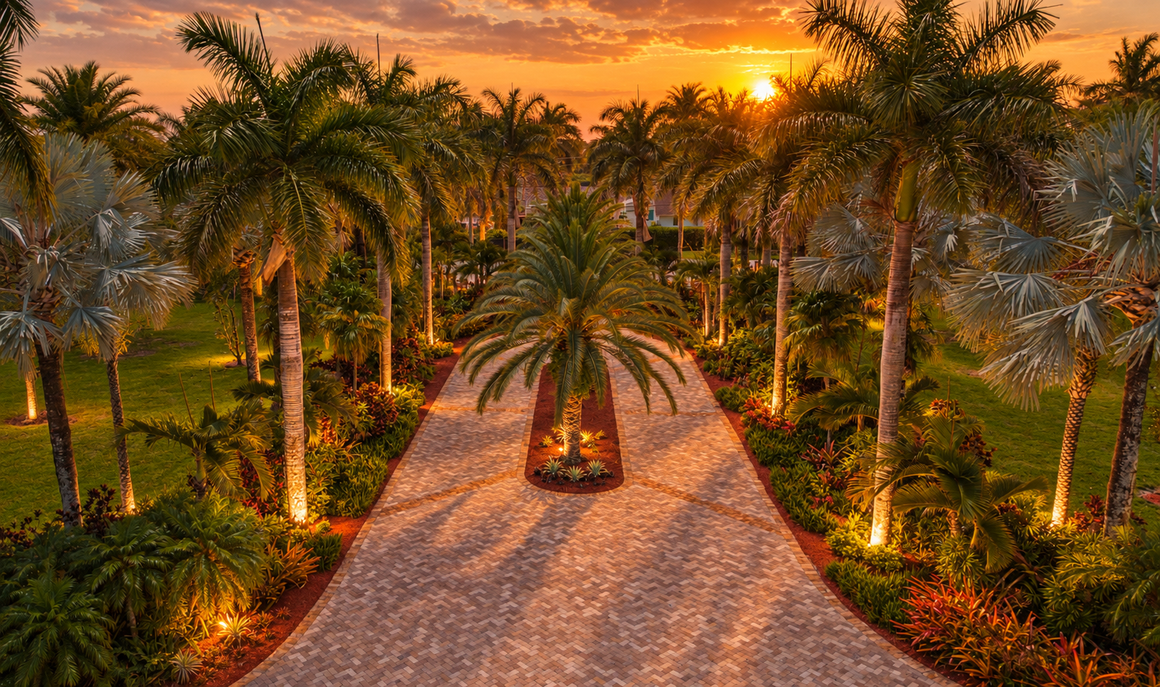 The lit palm drive at sunset